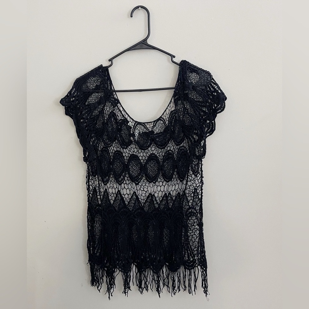 Y2K Black Cotton Crochet Fringe Top Boho Festival Summer Medium